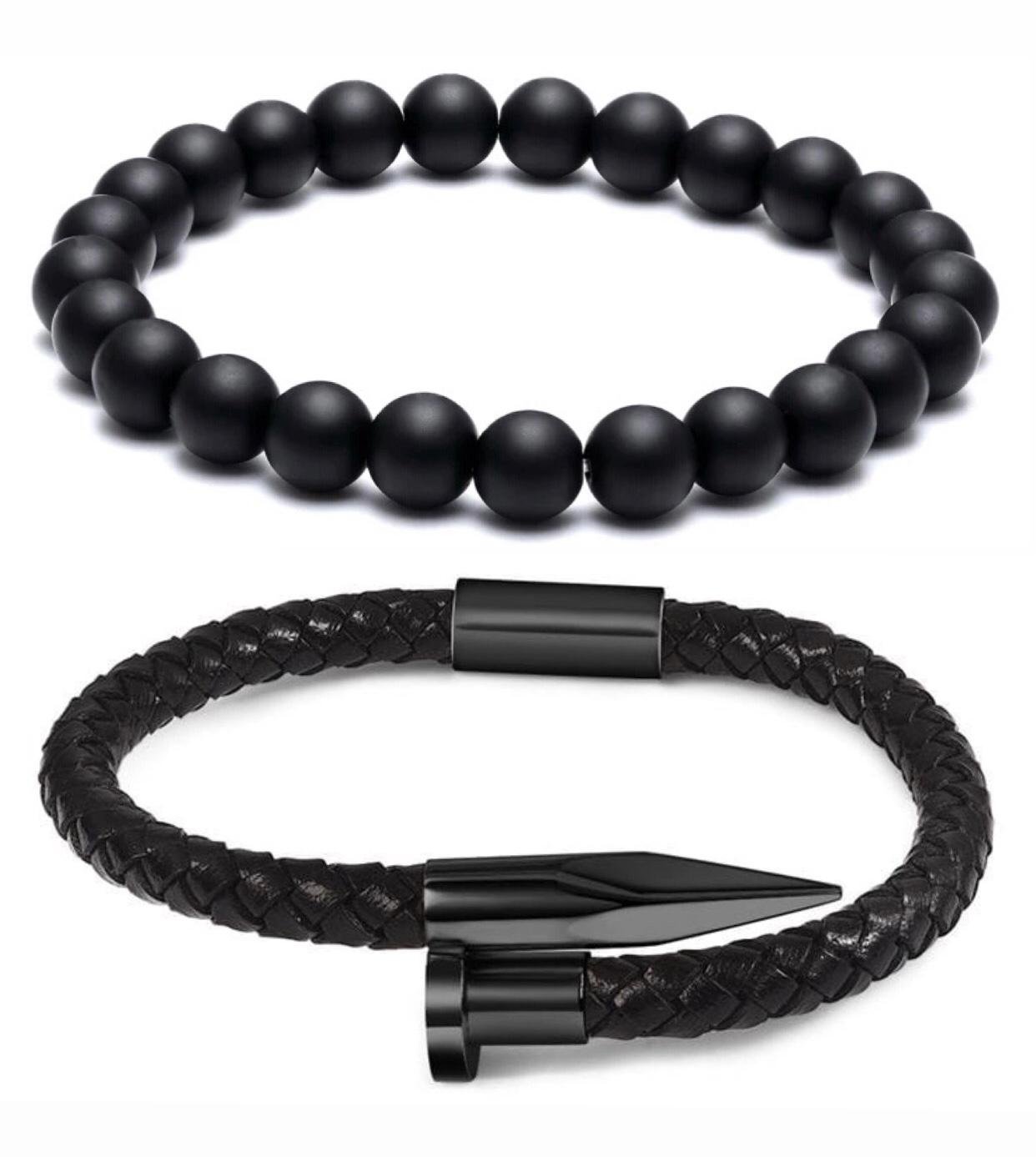 Комплект браслетів зі шкіри та шунгіту у формі цвяха р. 16 (12111)