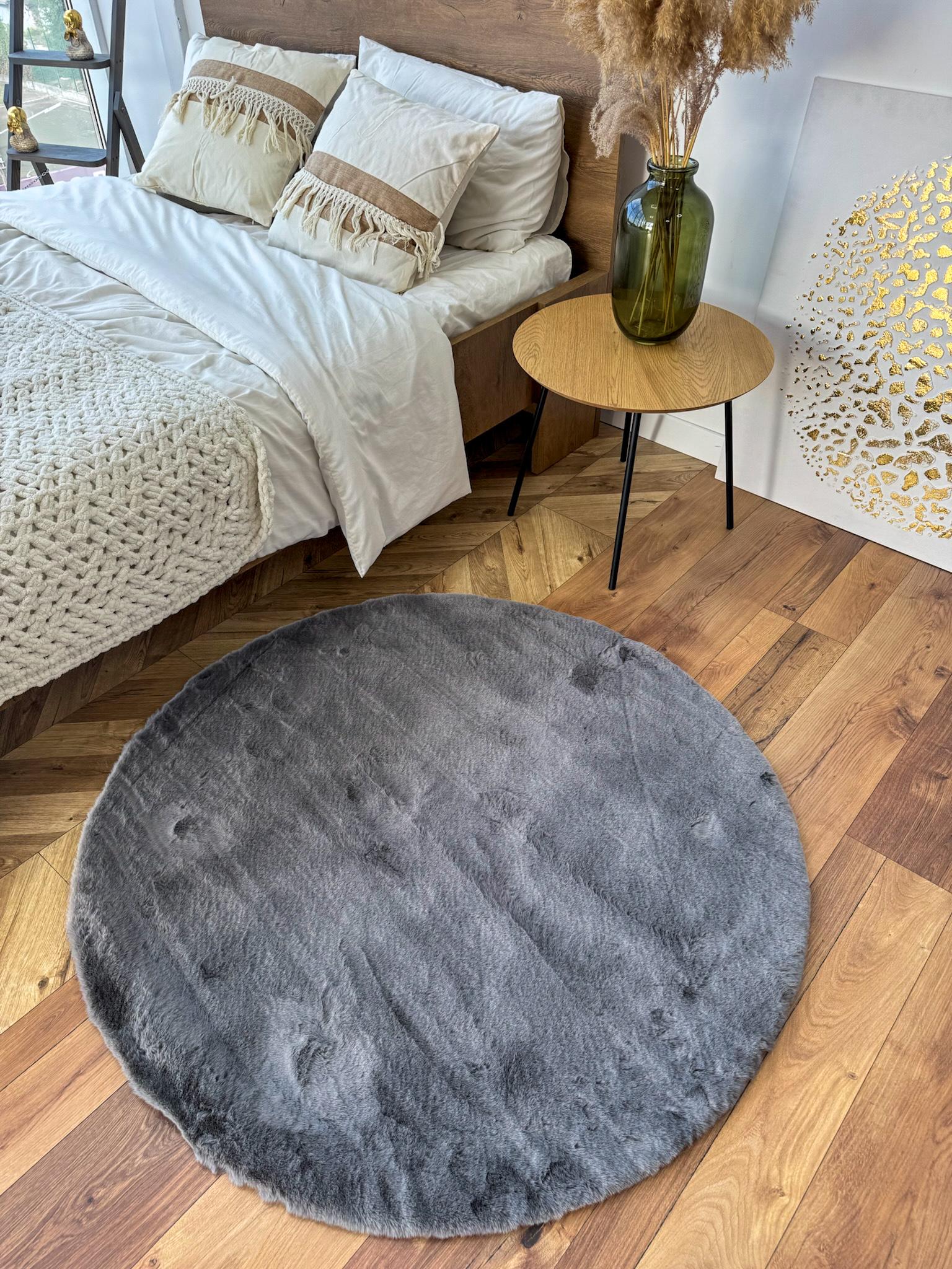 Ковер круглый из искусственного меха кролика 120 см Графитовый