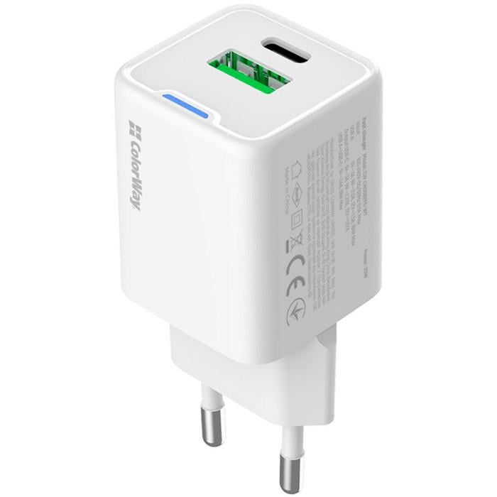 Зарядное устройство сетевое ColorWay GaN Mini CW-CHS062PD-WT 20W 1xUSB-C 1xUSB-A PD 3.0/QC 4.0 PPS White