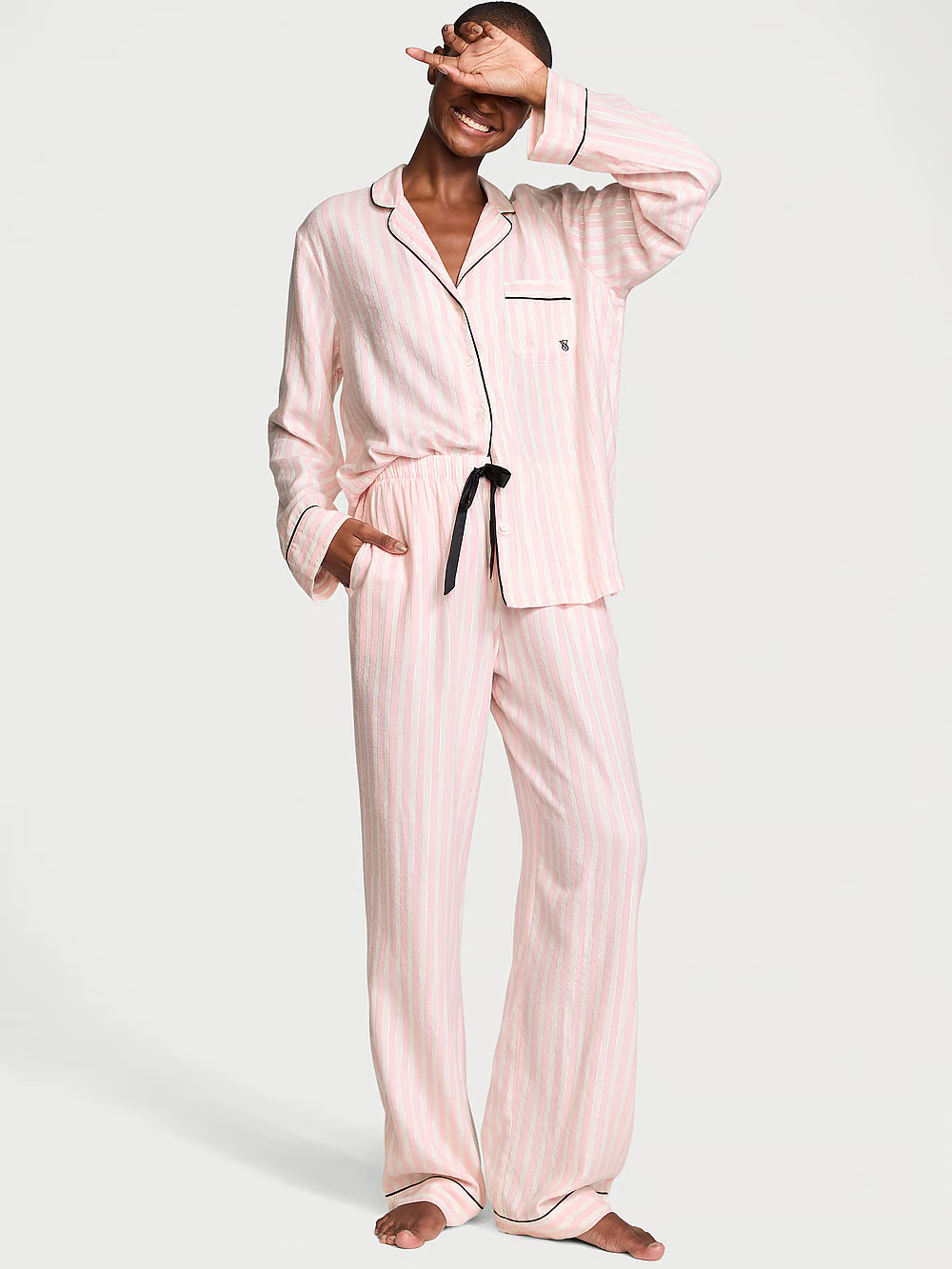 Піжама жіноча Victoria's Secret Flannel Long Pajama Set фланелева у смужку L Рожевий (21973246)