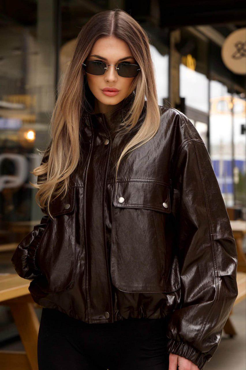 Бомбер женский кожаный oversize р. 2 Шоколадный (33386638)