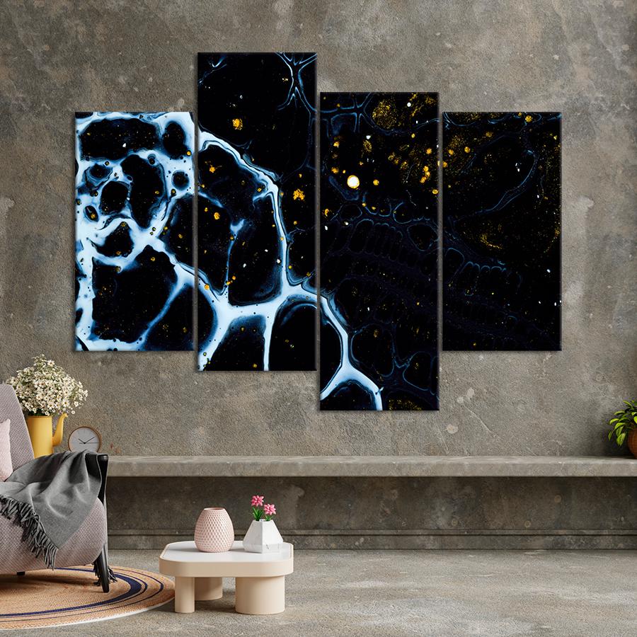 Картина абстракция Золотое сияние на чёрно-белом мраморе 129x90 см (A913-4)