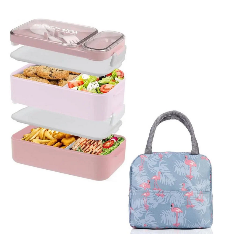 Набор ланч-бокс Flamingo 2 яруса 1,6 л для микроволновки с термосумкой Розовый (906400)