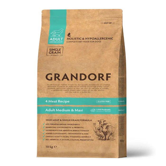 Корм сухий для собак середніх та великих порід Grandorf Living Probiotics 4 Meat & Brown Rice Medium&Maxi 4 види м'яса з пробіотиками 10 кг