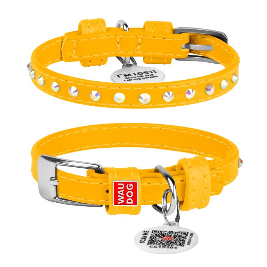 Ошейник для собак кожаный Waudog Glamour с QR паспортом с клеевыми стразами XS 9 мм 19-25 см