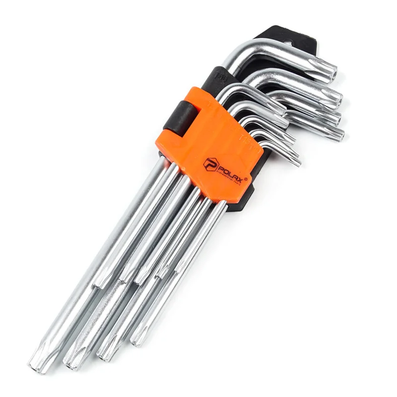 Набір шестигранних TORX ключів Polax Г-подібних подовжених 9 предметів Т10-Т50 Cr-V (25-008) Набір шестигранних TORX ключів Polax Г-подібних подовжених 9 предметів Т10-Т50 Cr-V (25-008)