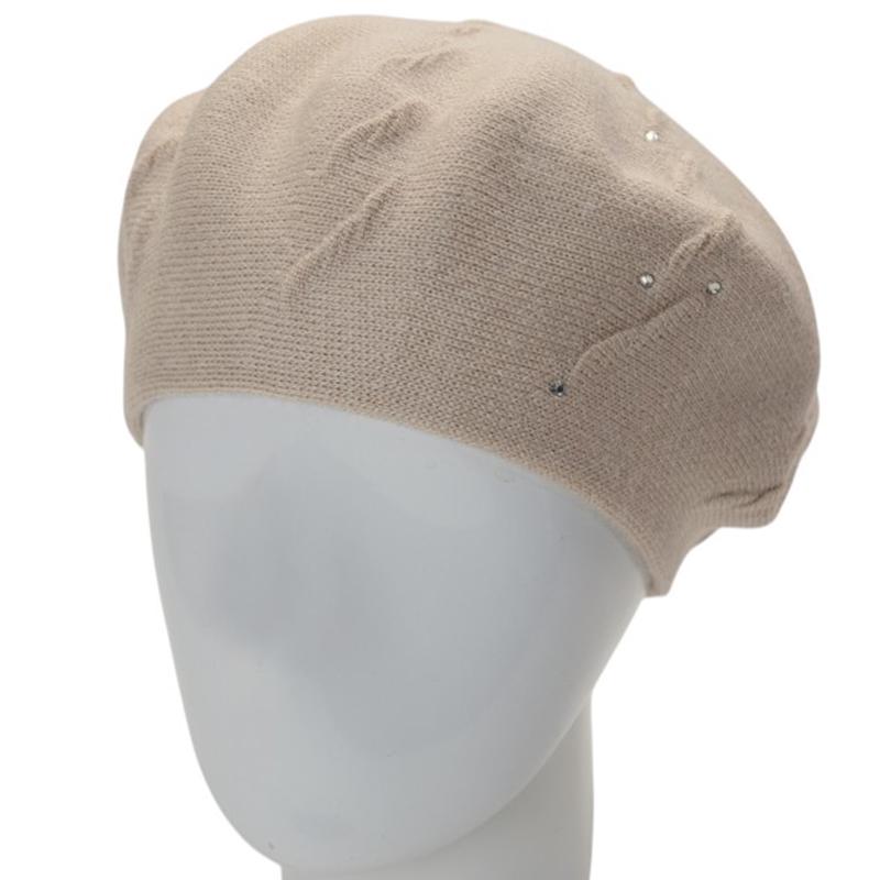 Берет женский осенний двойной Lirus Судьбы с узором и стразами тонкой вязки Льняной