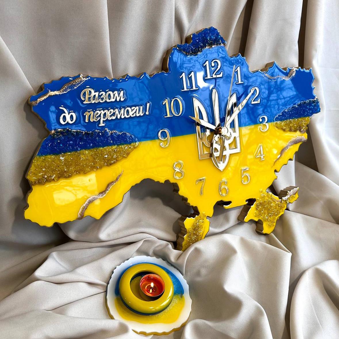 Часы настенные из эпоксидной смолы Карта Украины 60x40 см