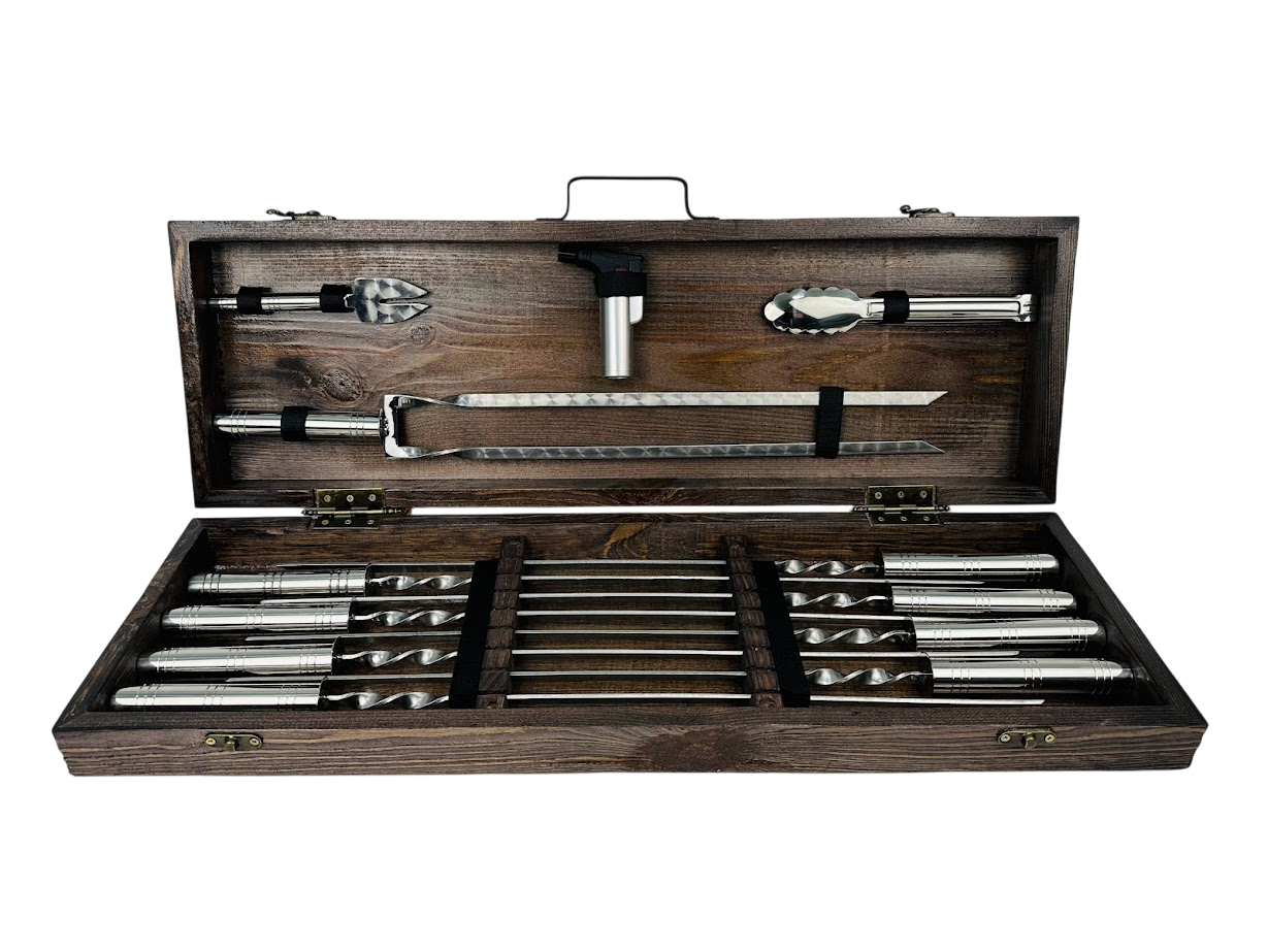 Набор шампуров ручной работы Серебро-2 с аксессуарами 12 предметов в кейсе 74х24х10 см Коричневый (124-10-KS-7616)
