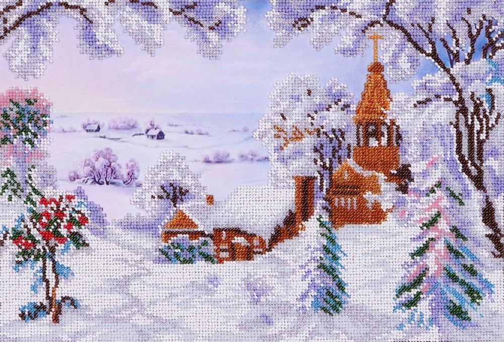 Вышивка бисером Зимний пейзаж частичная выкладка 33x23 см (1479834187)
