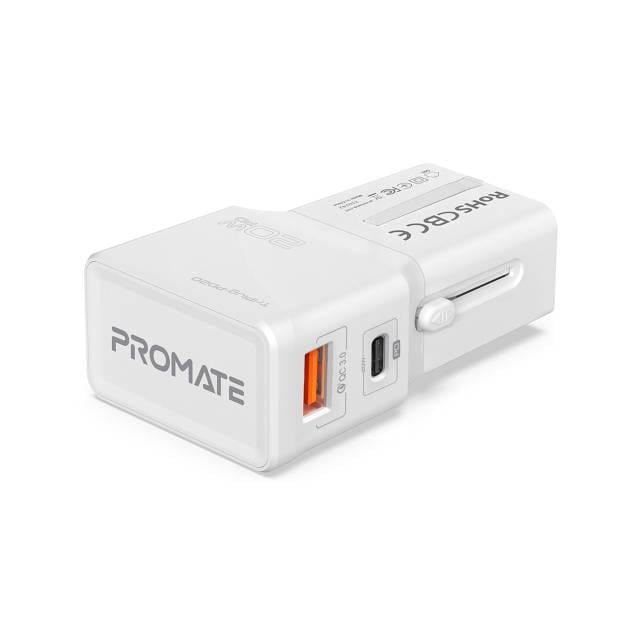 Сетевое зарядное устройство Promate TriPlug-PD20 USB-C PD USB-A QC и EU/US/UK/AUS штекер White
