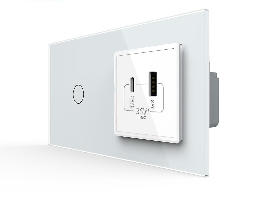 Выключатель проходной Livolo умный Livolo сенсорный с розеткой USB-A + USB-C 36Вт стекло Белый