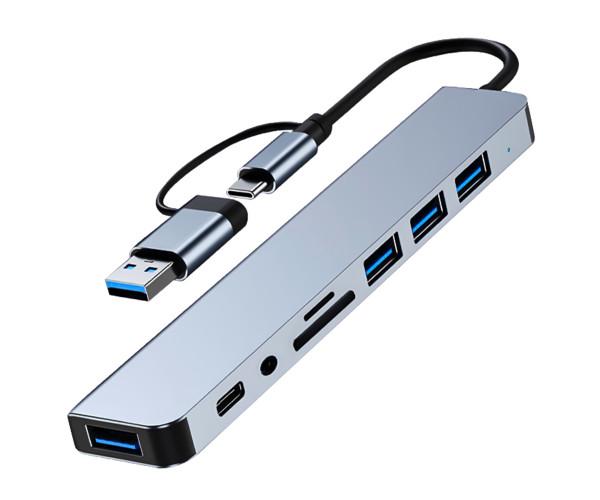 Хаб USB 4 USB/Type-C/SD/TF/AUX 8в1 Steel