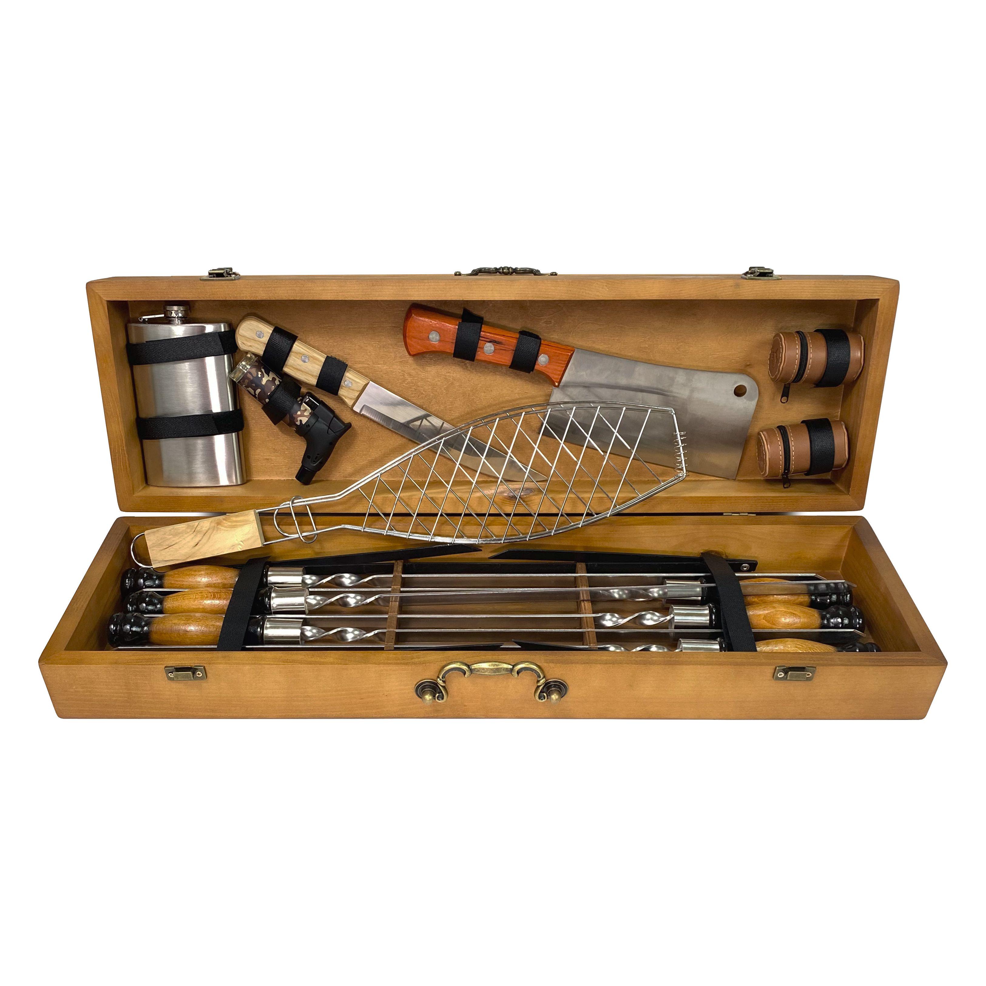 Подарунковий набір шампурів Mzavod Майстер BBQ із нержавіючої сталі в дерев’яному кейсі 720x120x210 мм 20 пр. (136-17-1190210000811)