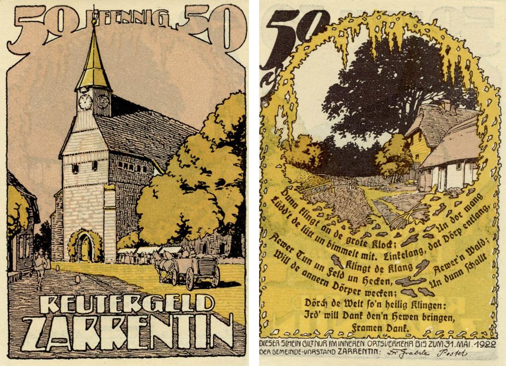 Колекційна банкнота Німеччина Нотгельд 50 пфеннігів 1922 F-VF Царрентин (Б18709)