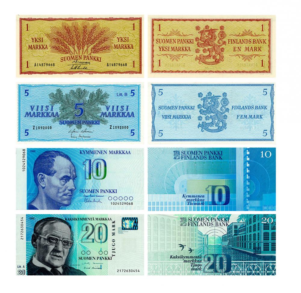 Коллекционный набор из 4 банкнот Финляндия 1963-1993 UNC 1/5/10/20 марок (Б15661)
