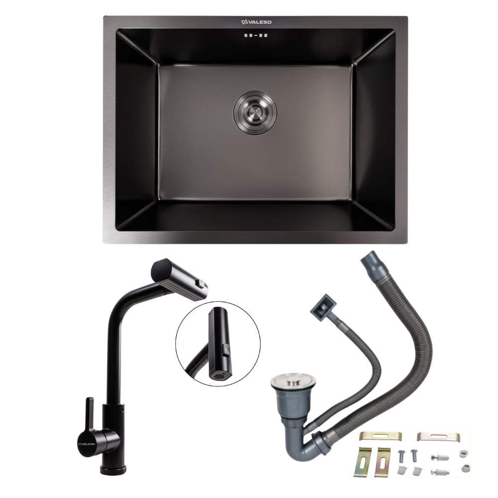 Кухонний комплект Valeso Handmade мийка 58x43 см монтаж під стільницю/змішувач XK09B PVD Чорний (000050608)