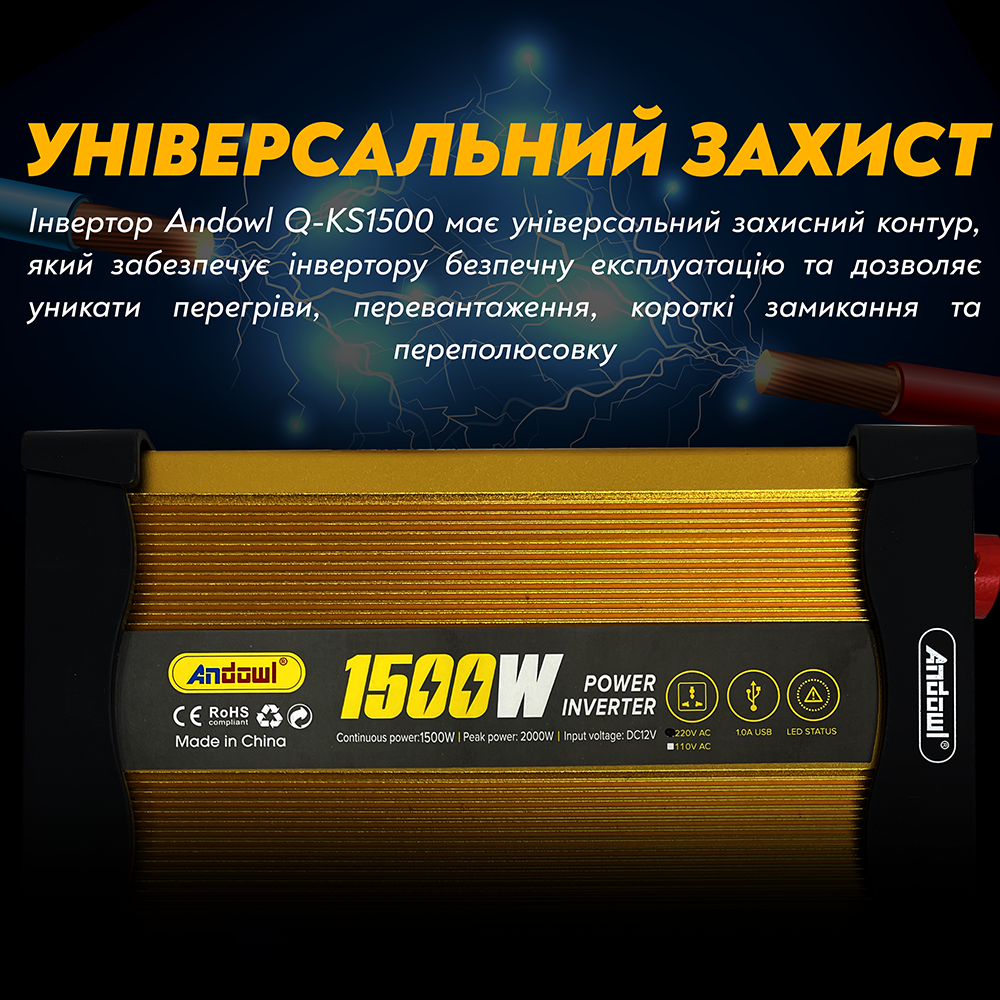 Автомобільний інвертор Andowl Q-KS1500 з модифікованим синусом 1500 Ват 1500 W (129) - фото 6