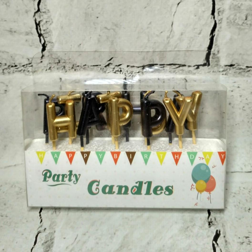 Свечи на торт буквы Happy birthday перламутровые Золотой с черным (08980)