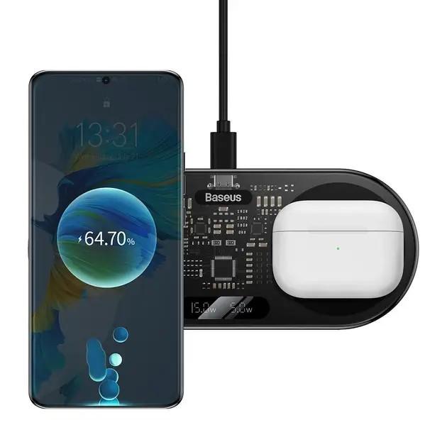 Док-станція бездротова BASEUS Digital LED Display 2-in-1 Wireless Charger 20W Black (f9924501) - фото 4