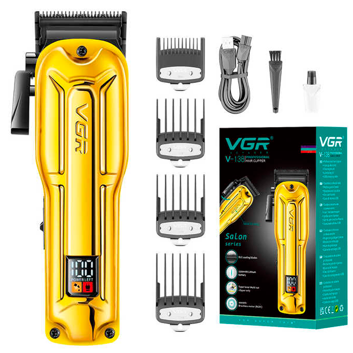 Машинка для стрижки аккумуляторная VGR V-138 4 насадки 2500 mAh с LED дисплеем Gold (2683685408)