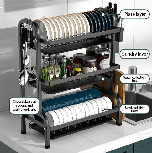 Сушарка для посуду настільна триярусна Multifunctional Bowl Rack Чорний - фото 13 Сушарка для посуду настільна триярусна Multifunctional Bowl Rack Чорний - фото 13