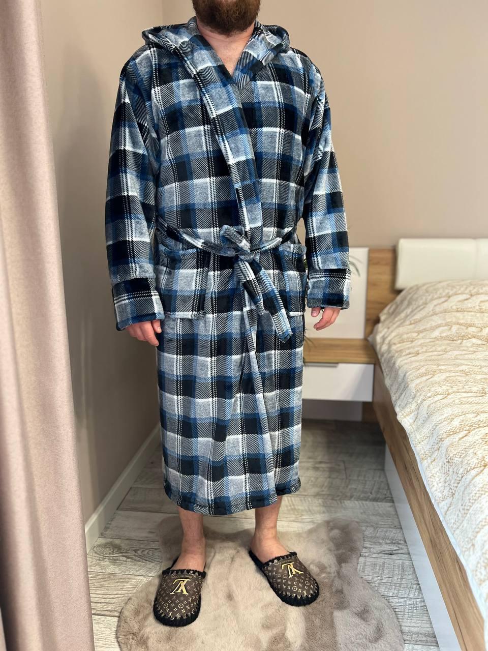 Халат чоловічий махровий в клітинку L Темно-сірий (22936608) - фото 3