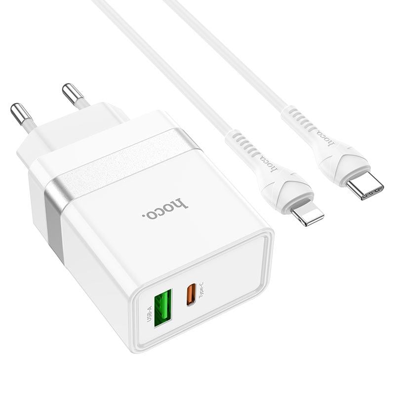 Сетевое зарядное устройство Hoco N21 USB+Type-C 3A 30W с быстрой зарядкой с кабелем Lightning Extension Speed 1 м Белый