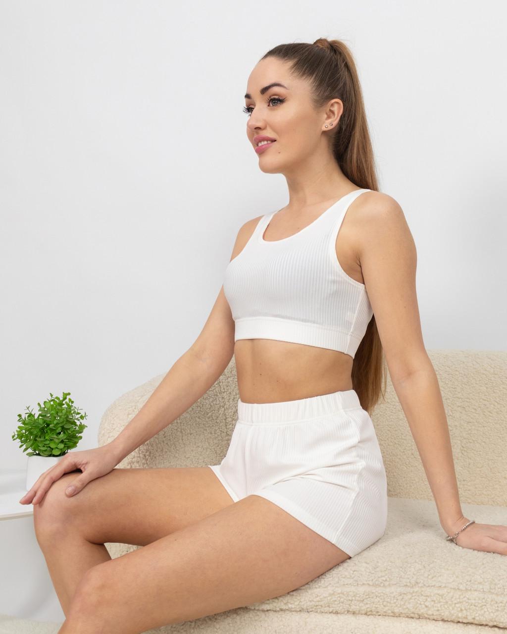 Пижама женская из рубчика топ и шорты Белый (2188007626) - фото 5