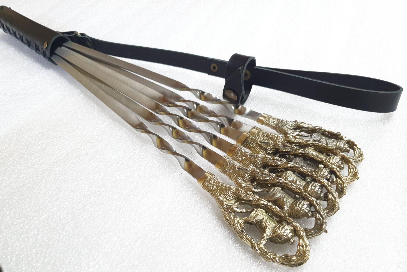 Набор шампуров ручной работы Львы в кожаном колчане 60 см 6 шт. Бронзовый (470089)