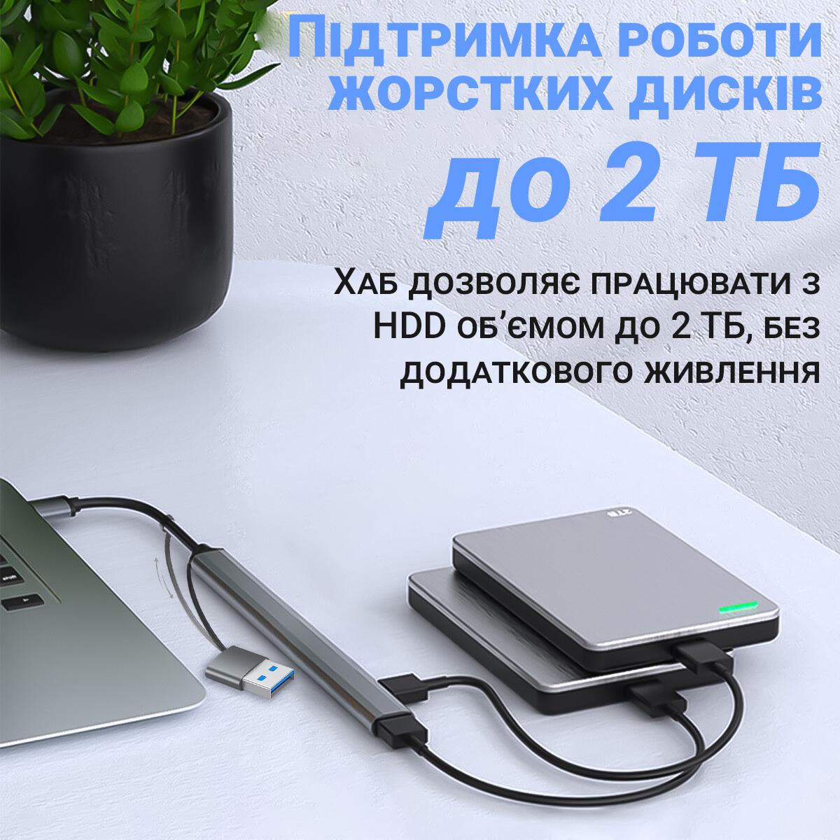 Концентратор/розгалужувач Type-C/USB-A Addap UH-04D для ноутбука на 7 портів USB Gray - фото 15