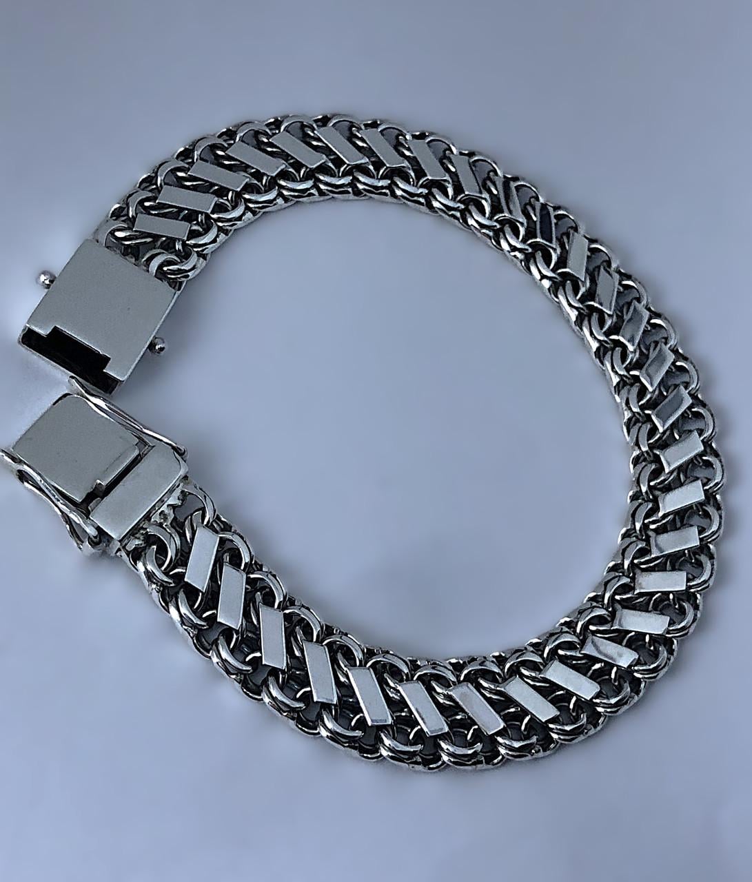 Браслет серебряный мужской двойной Бисмарк с накладками с замком коробка р. 22