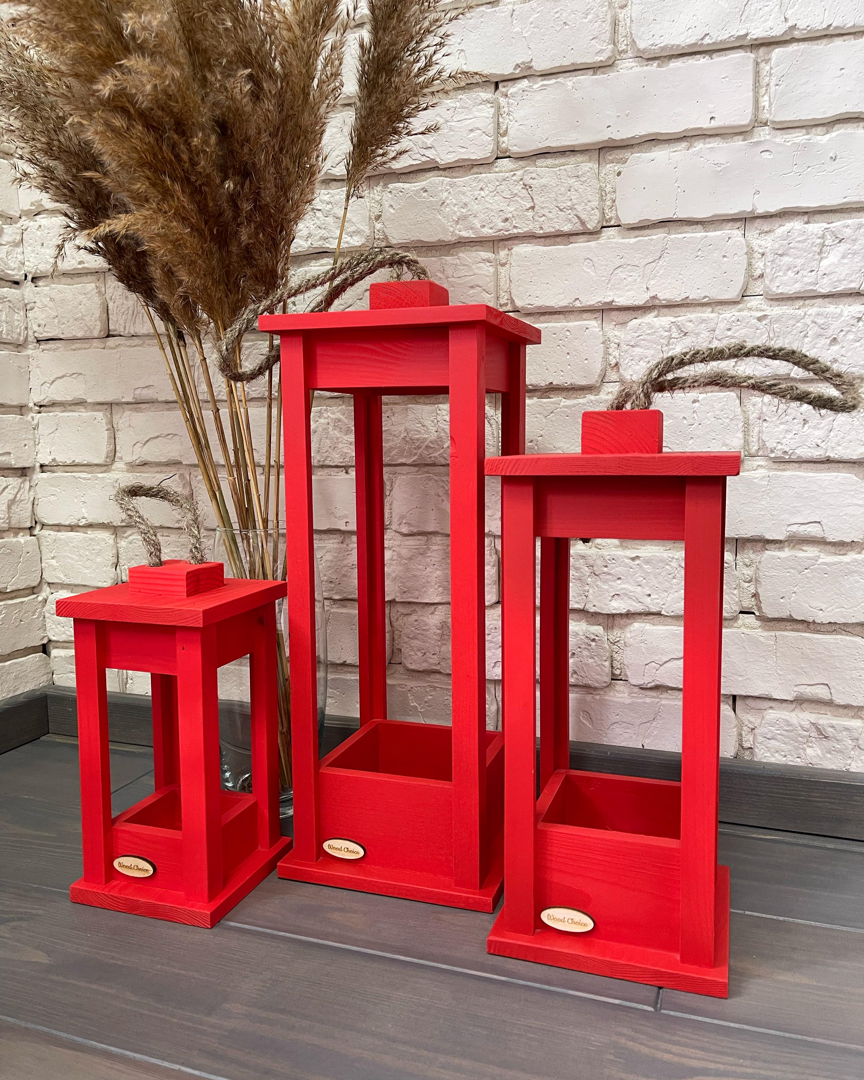 Набор подсвечников деревянные Фонари 25/35/45 см Красный - фото 1