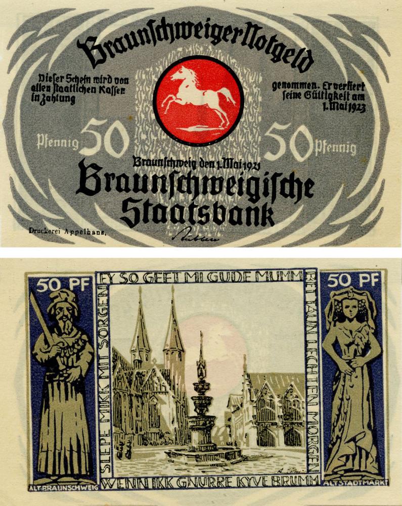 Коллекционная банкнота Германия Нотгельд 50 пфеннигов 1923 F-VF Брауншвайг. Рынок в старом городе (Б16120)