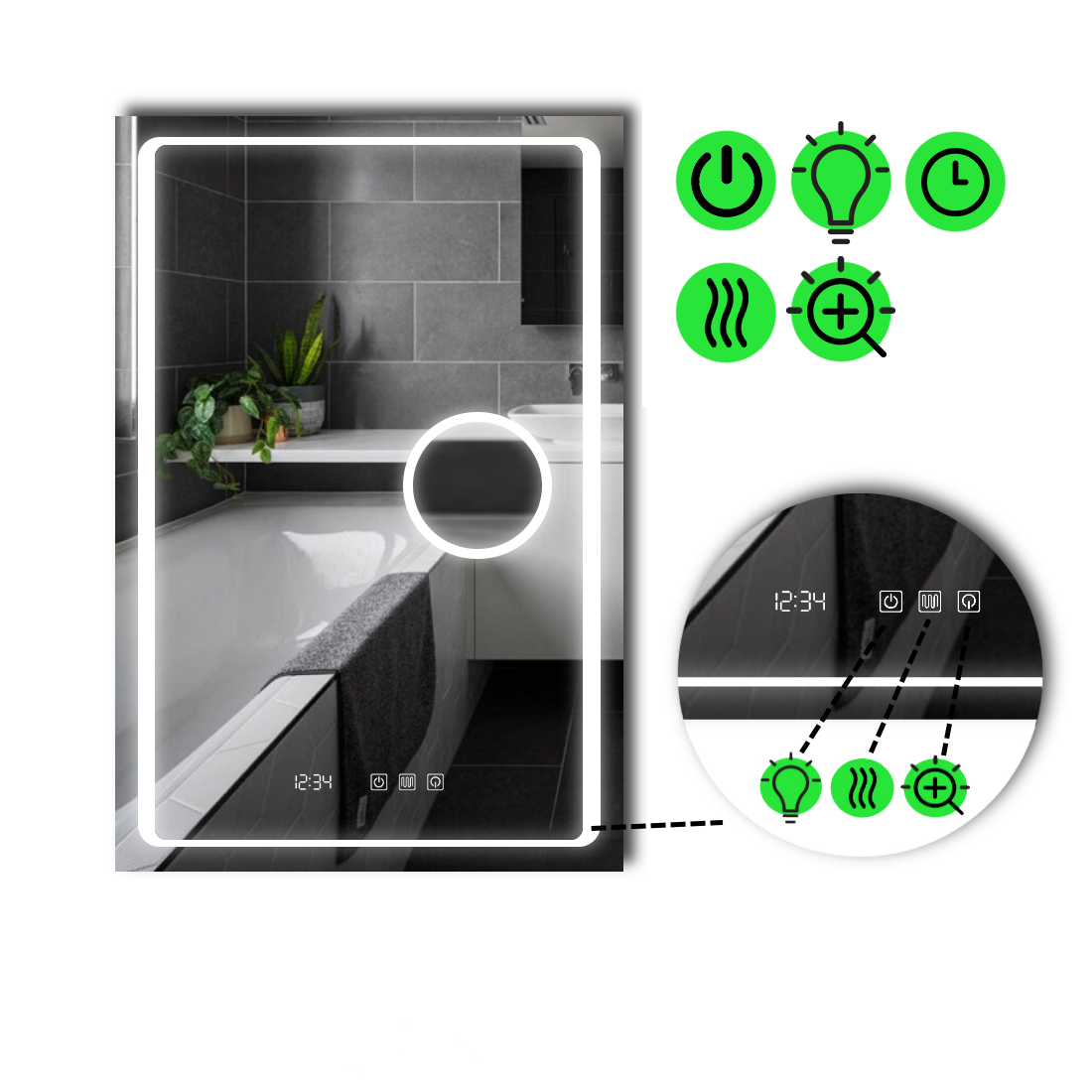 Зеркало с LED подсветкой Emma с тремя сенсорами/часами/подогревом и линзой с подсветкой 60x90 см (Emma75)