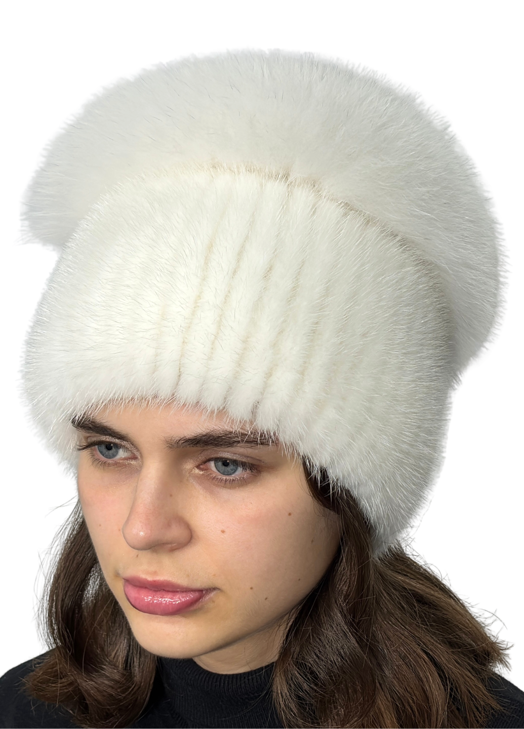 Жіноча шапка із в'язаної норки Меховой стиль Спіраль з помпоном натуральне хутро XL-XXL Білий (118/H)