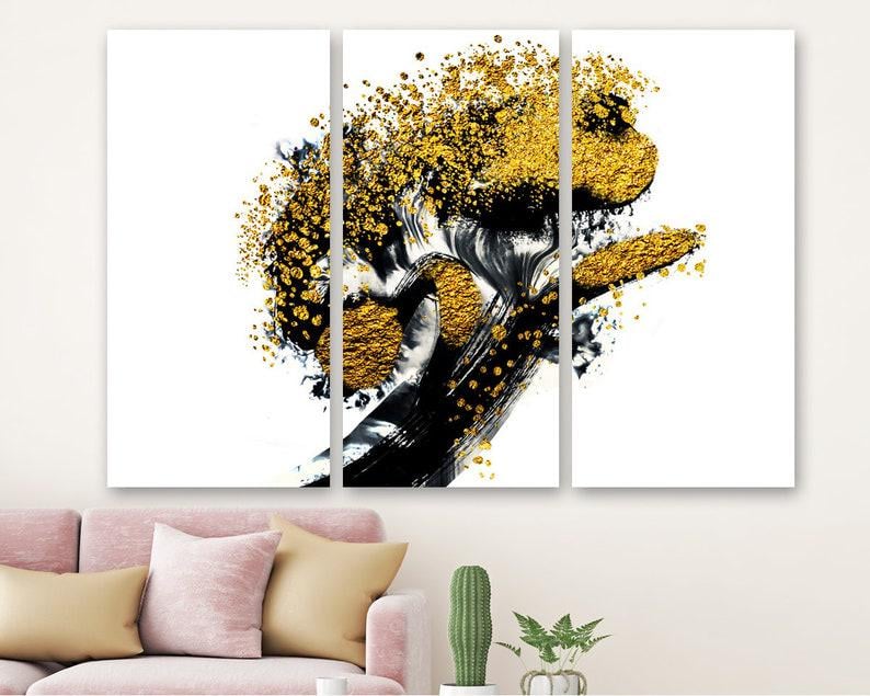 Модульная картина на холсте из трех частей KIL Art Черная и золотая тушь 128x81 см (M3_L_381)