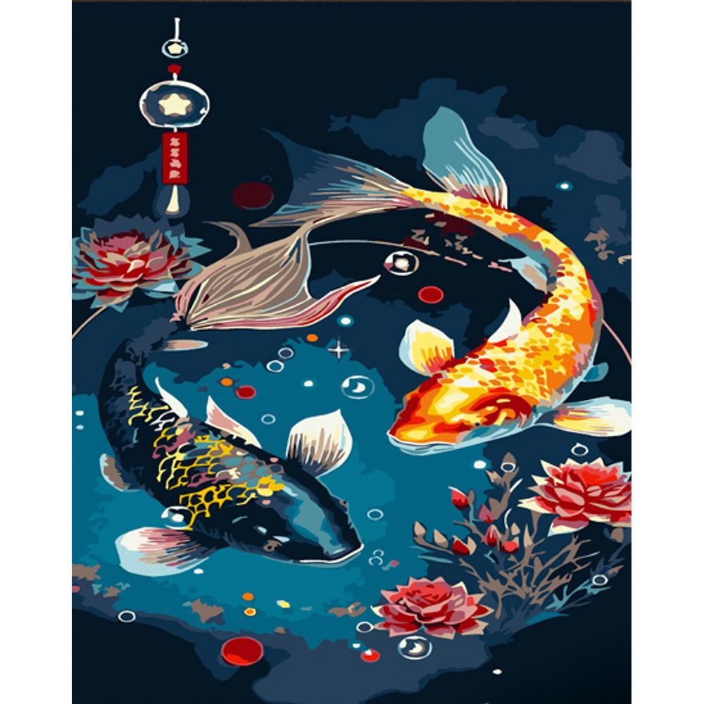 Картина по номерам Strateg Премиум Азиатский стиль Кои с лаком 30x40 см (SS6811)