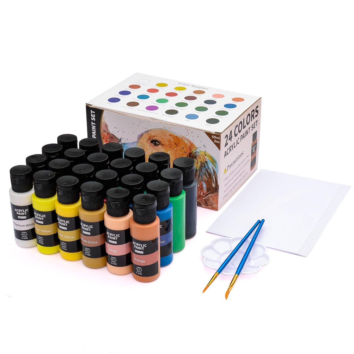 Фарби художні/акрилові Acrylic Paint Set з папером для малювання/палеткою та 2 пензликами 24 кольори по 59 мл