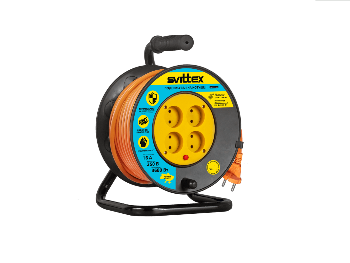 Подовжувач на котушці SVITTEX ПВС з термозахистом 100 м 2х1,5 мм2 (7054049)