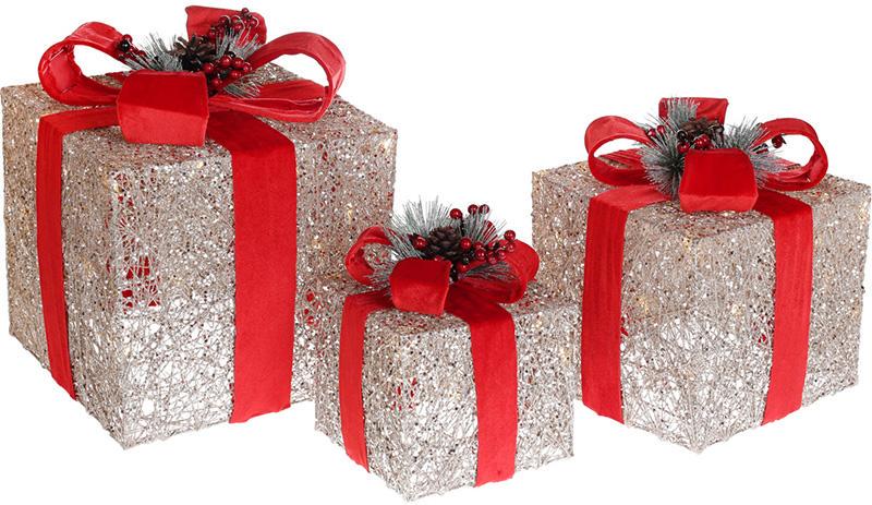 Набор декоративных подарков с LED подсветкой 3 шт. 15/20/25 см Шампань с красным бантом