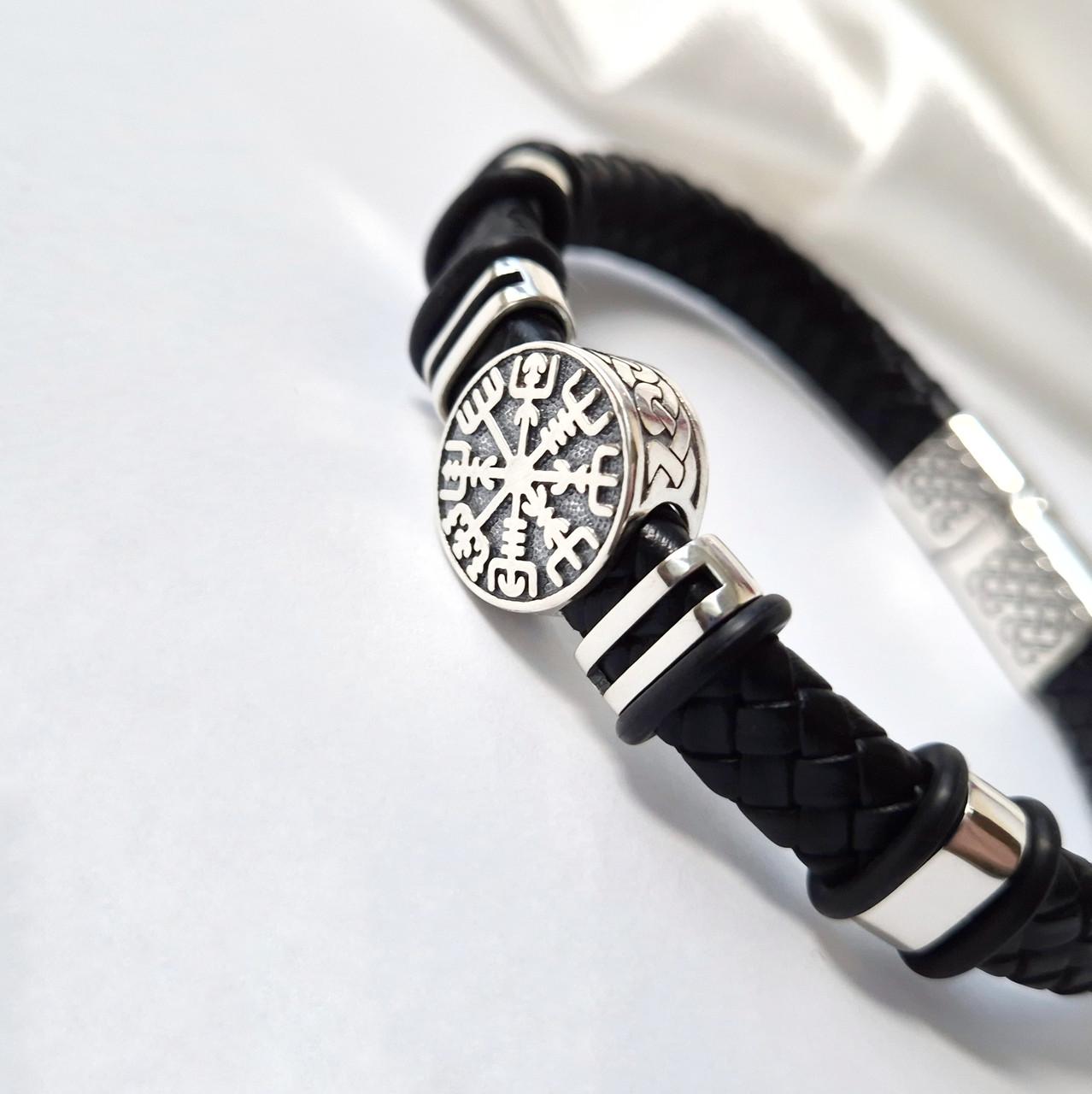 Браслет срібний шкіряний Оберіг рунічний компас 20 см 925 проби чорнене 22,39 г (75324) - фото 4 Браслет срібний шкіряний Оберіг рунічний компас 20 см 925 проби чорнене 22,39 г (75324) - фото 4
