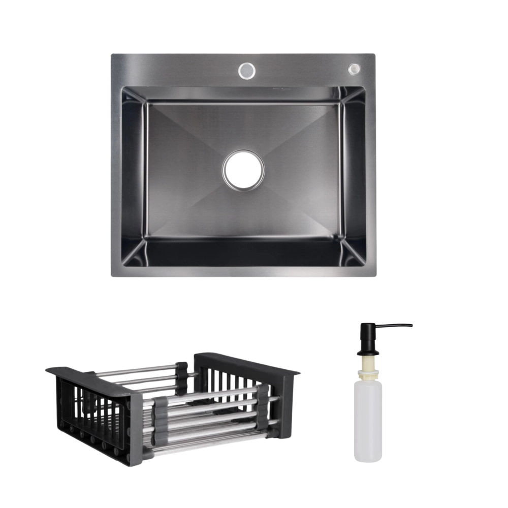 Мойка для кухни интегрированная Lidz Handmade H6050B BlackPVD/дозатор/корзина для кухонной мойки Lidz K01B