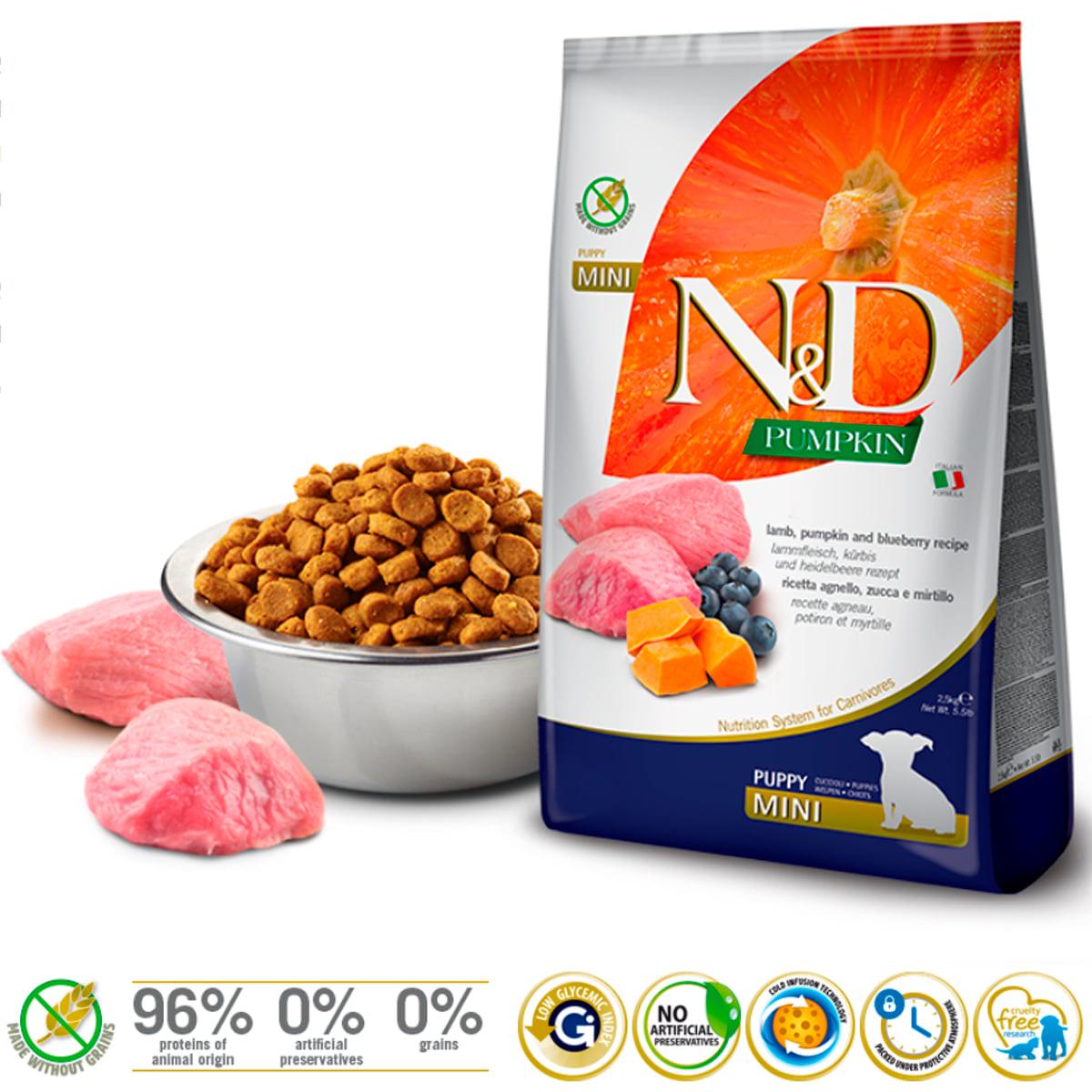 Корм беззерновий сухий Farmina N&D для цуценят дрібних порід ягня з гарбузом і чорницею 7 кг - фото 2 Корм беззерновий сухий Farmina N&D для цуценят дрібних порід ягня з гарбузом і чорницею 7 кг - фото 2