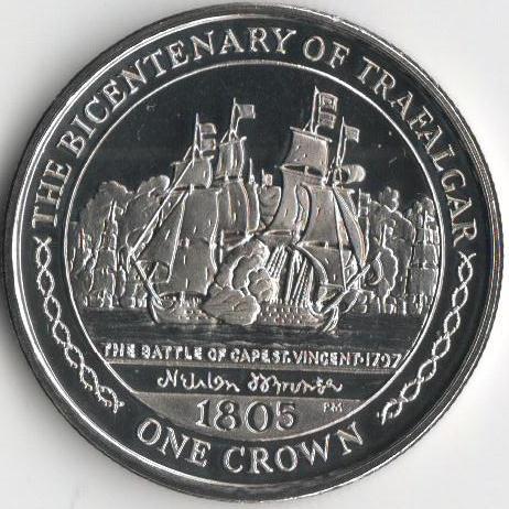 Коллекционная монета Остров Мэн 1 крона 2005 Трафальгарское сражение UNC Разновидность 7 (KM#1279)