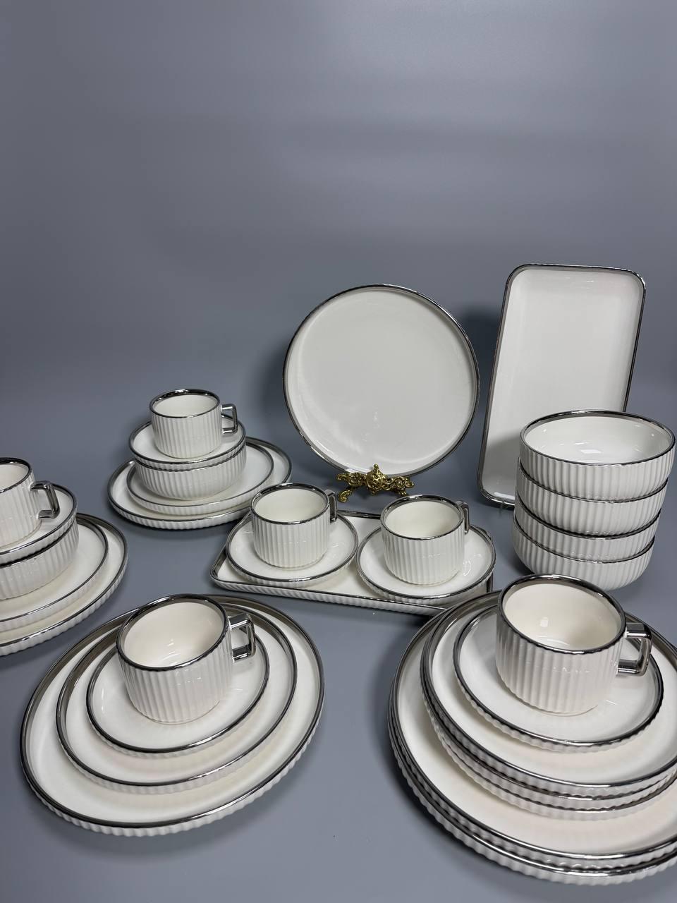 Столовий сервіз Yiwu RG6803-S порцеляновий 6 персон 32 предмети Білий/Сріблястий