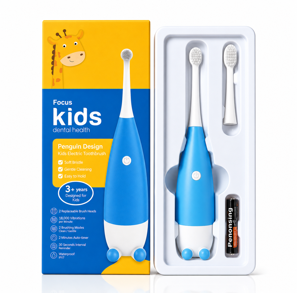 Детская электрическая зубная щетка Пингвинчик Focus Kids Синий (3026267700)