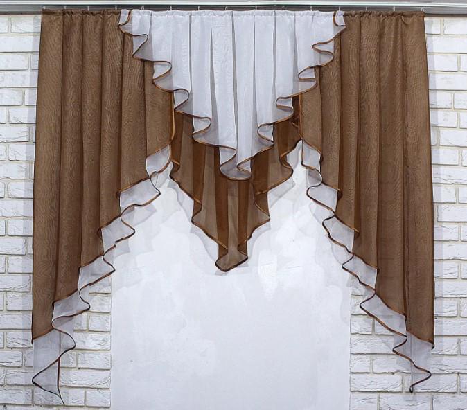 Занавеска ламбрекен на кухню шифон 150х150 см Коричневый/Белый (022к)