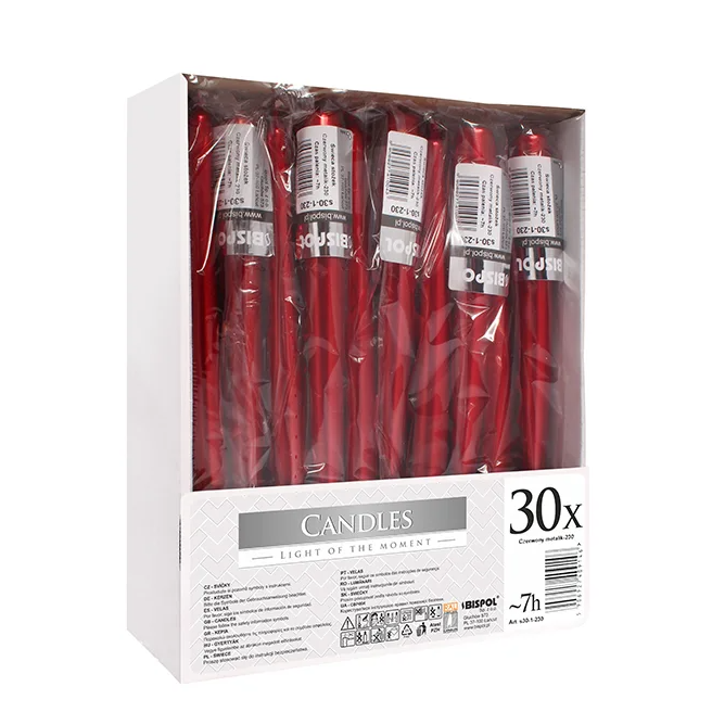 Комплект свечек конусных Flora Bispol 30 шт. 24,5 см Красный металлик (27359)