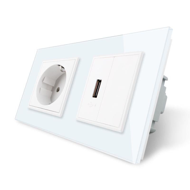 Розетка із заземленням LIVOLO з USB розеткою Скляний-білий (VL-C7C1EUUSBK0-11)